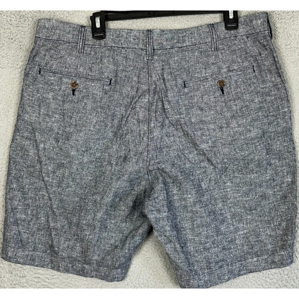 J Crew Linen Blend Shorts Mens 38X9 Navy Blue Chambray Khakis Chino Flat Front